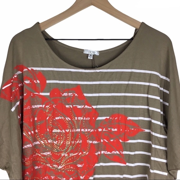 CACHE Top Blouse Stripe Floral Batwing Sleeves Tan White Orange Size Medium - Picture 2 of 10